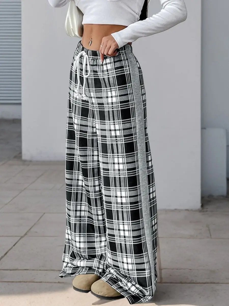 Trendsi Plaid Wide Leg Trousers Women's Comfy Drawstring Pants Versatile
