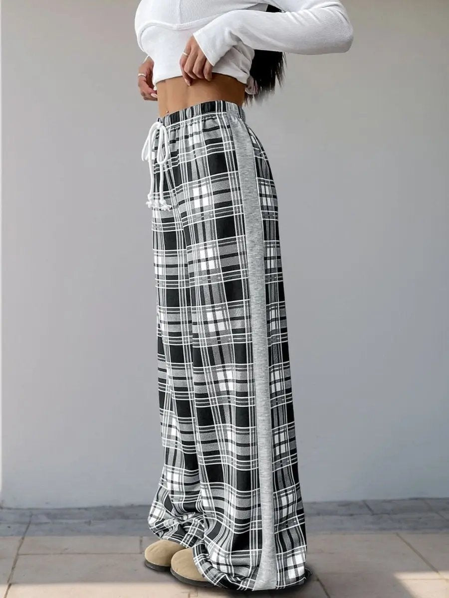 Trendsi Plaid Wide Leg Trousers Women's Comfy Drawstring Pants Versatile