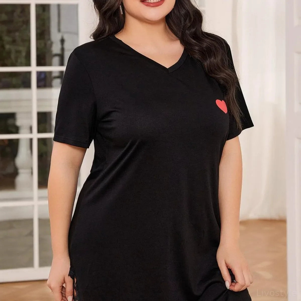 Lace Trim V-Neck Short Sleeve Night Dress