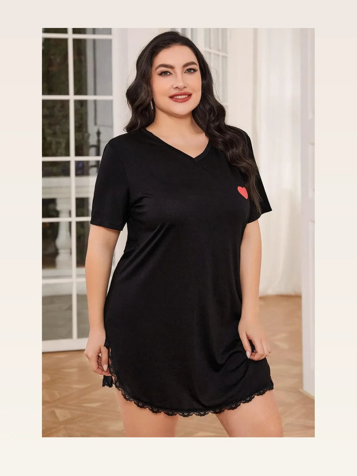 Lace Trim V-Neck Short Sleeve Night Dress