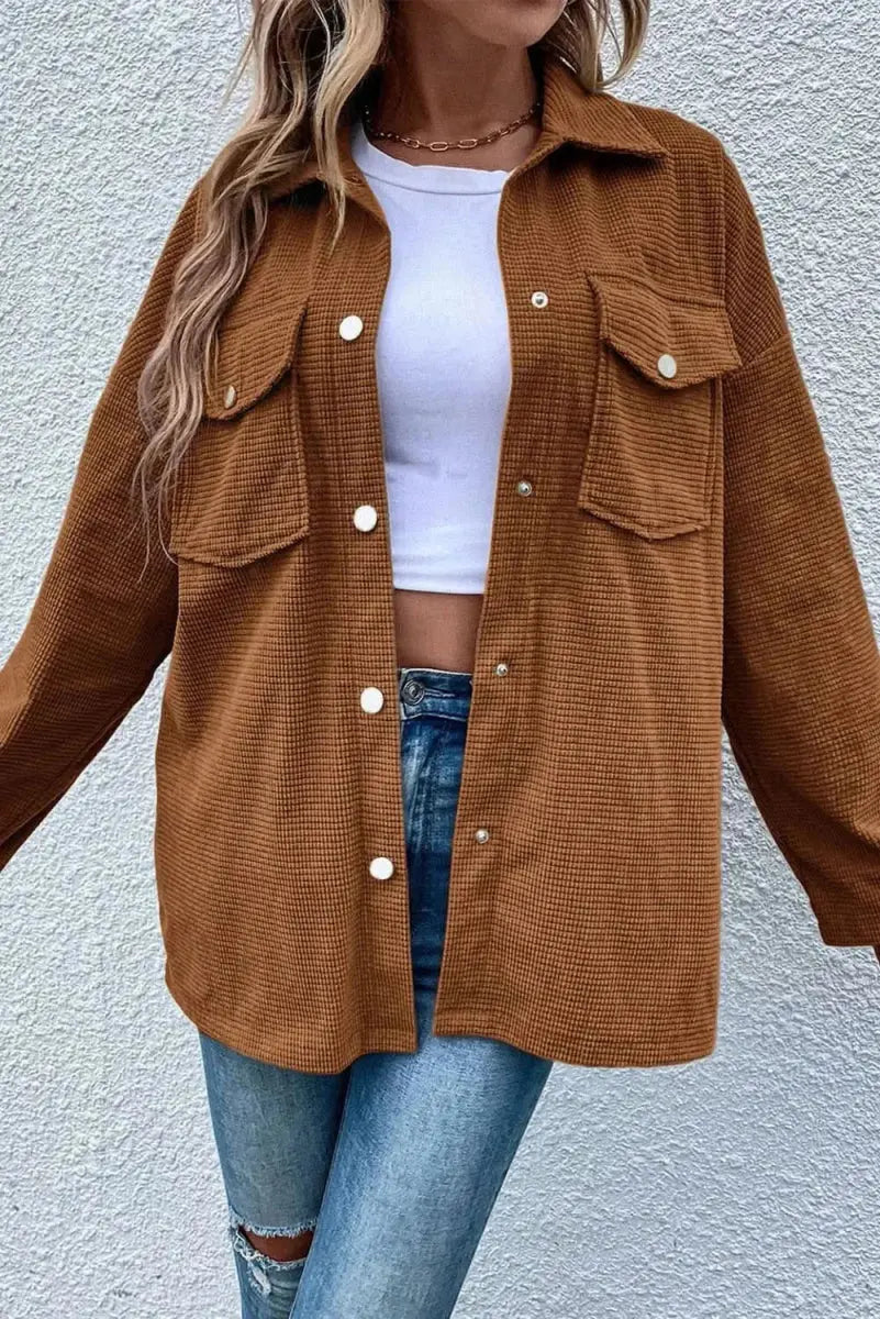 Jackets Trendsi Snap Down Jacket Women's Casual Long Sleeve Pocketed Top