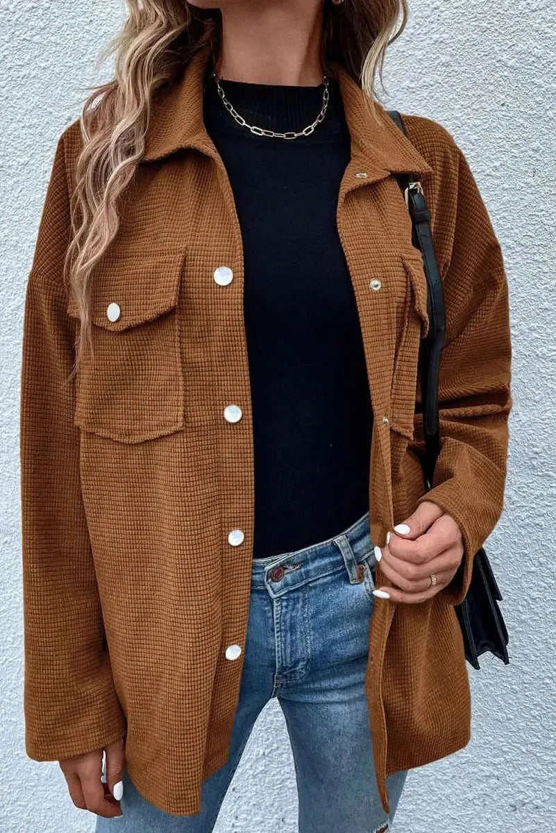 Jackets Trendsi Snap Down Jacket Women's Casual Long Sleeve Pocketed Top