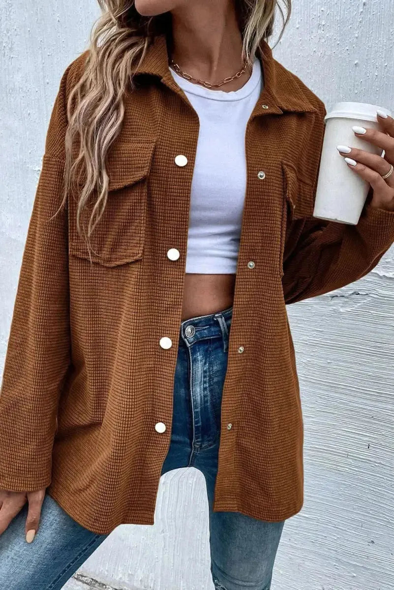 Jackets Trendsi Snap Down Jacket Women's Casual Long Sleeve Pocketed Top
