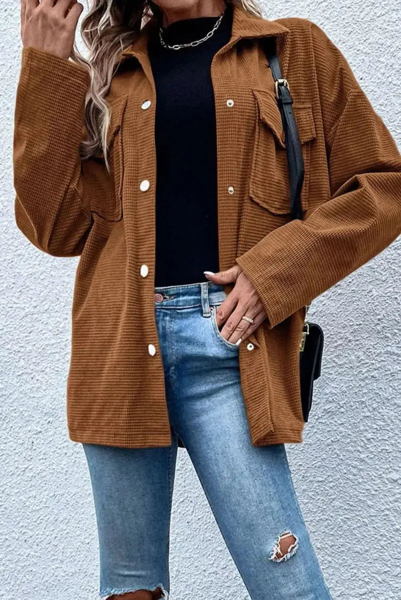 Jackets Trendsi Snap Down Jacket Women's Casual Long Sleeve Pocketed Top