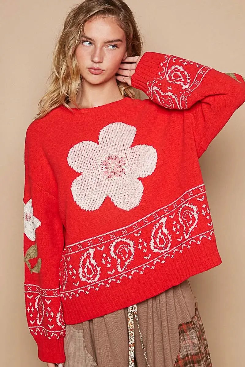 Sweaters Trendsi Flower Lace Sweater Women's Long Sleeve Knit Top USA Ship