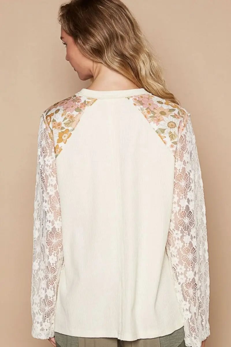 Women's Knit Sweater Women's Lace Sleeve Knit Top - Flower Patch - Casual Soft Sweater