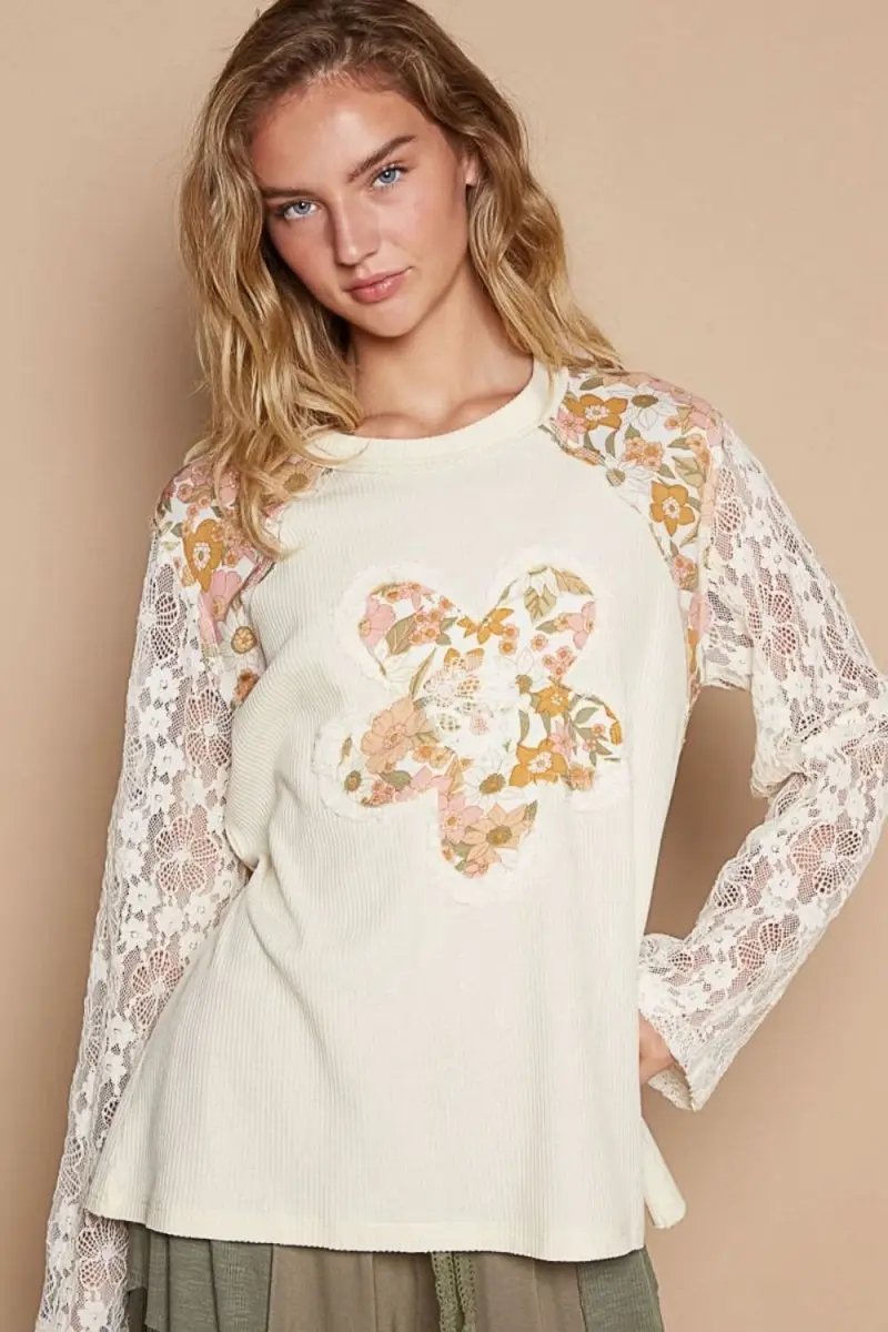 Women's Knit Sweater Women's Lace Sleeve Knit Top - Flower Patch - Casual Soft Sweater