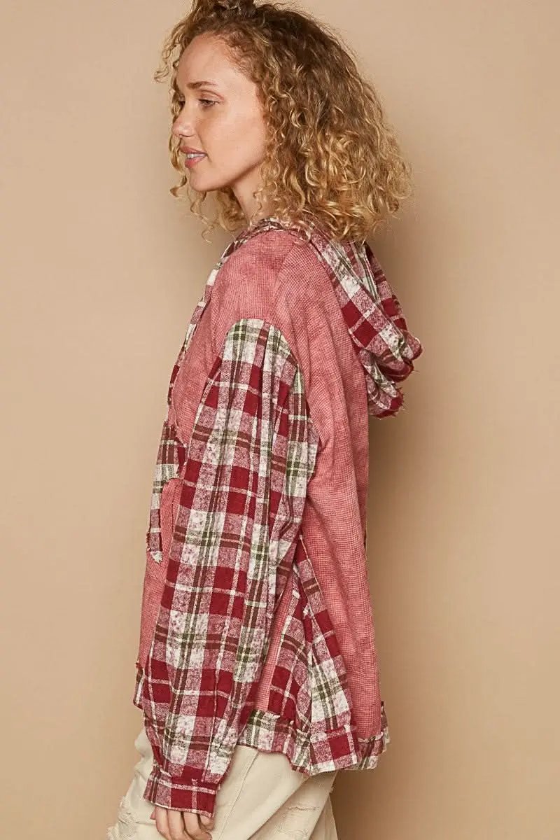Women's Hooded Sweatshirt Plaid Hooded Top - Long Sleeve Casual - Women's Sweatshirt