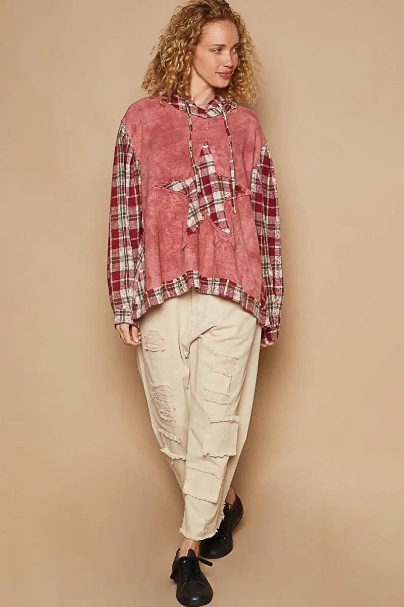 Women's Hooded Sweatshirt Plaid Hooded Top - Long Sleeve Casual - Women's Sweatshirt