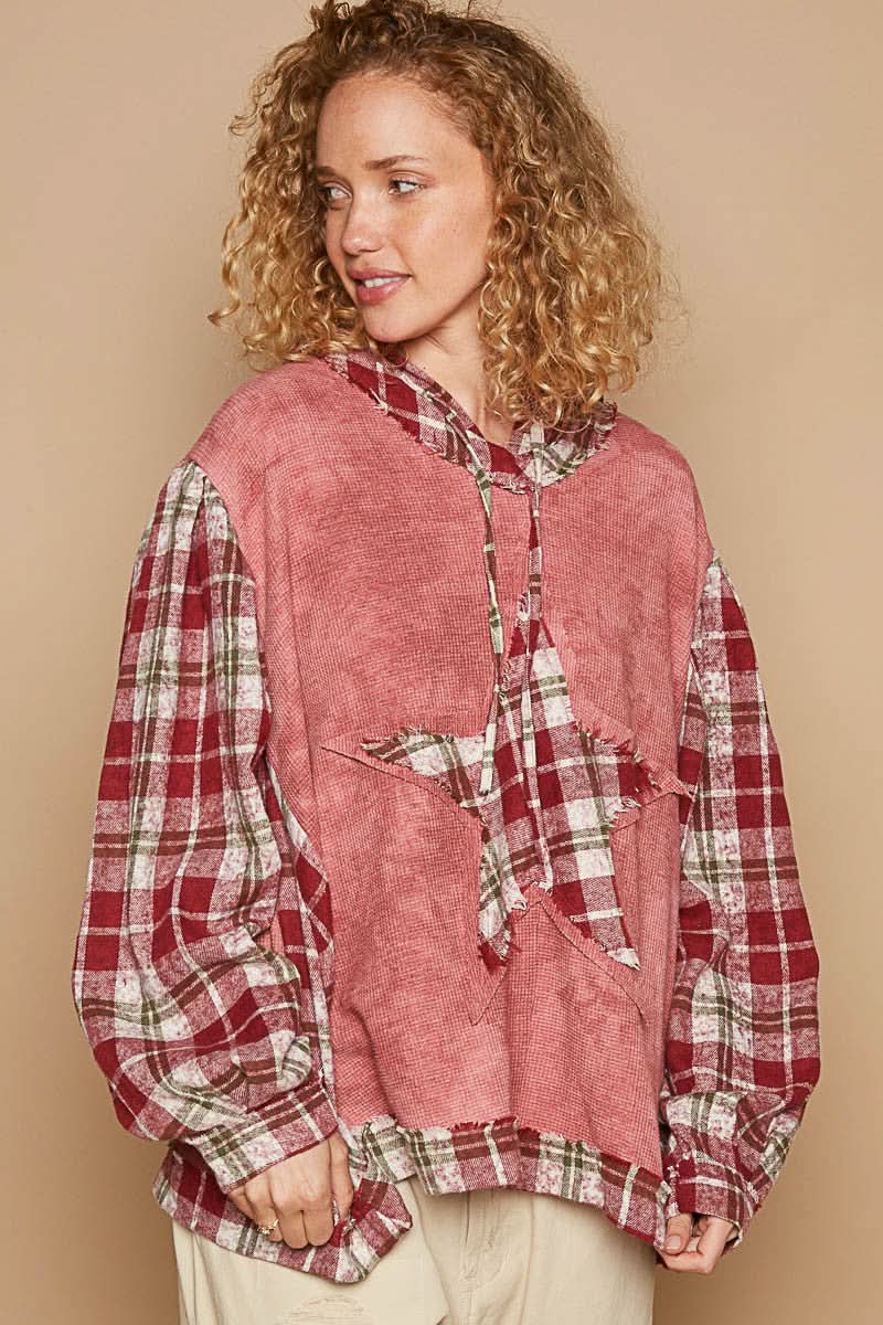 Women's Hooded Sweatshirt Plaid Hooded Top - Long Sleeve Casual - Women's Sweatshirt