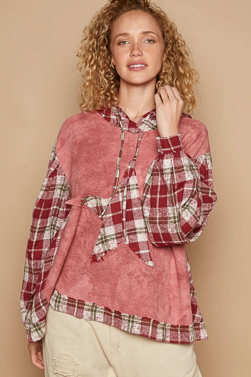 Women's Hooded Sweatshirt Plaid Hooded Top - Long Sleeve Casual - Women's Sweatshirt