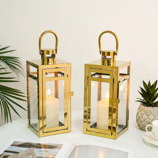 12'' High Metal Candle Holder Outdoor Candle Lantern with Tempered Panels