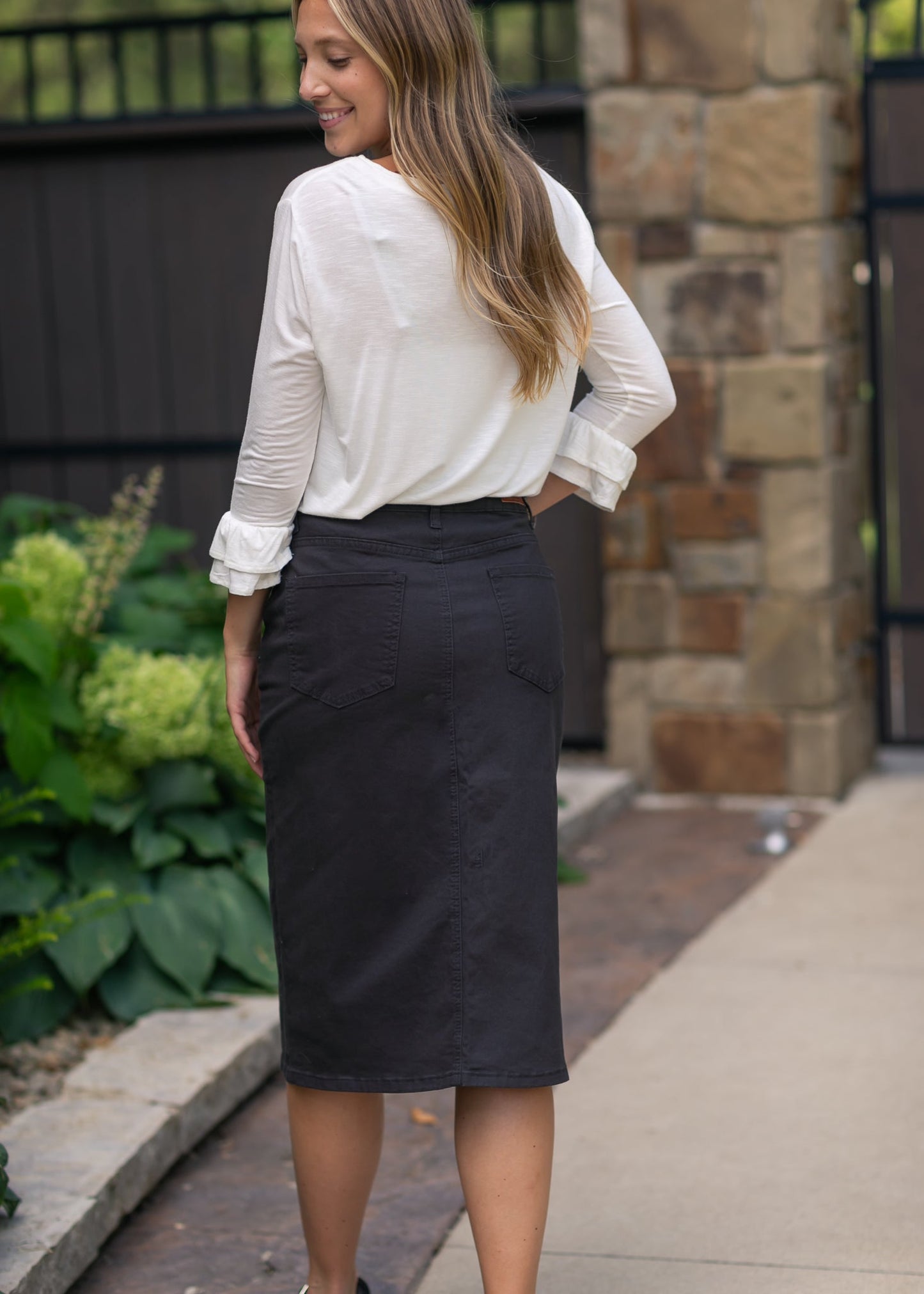 Remi Onyx Black Denim Midi Skirt