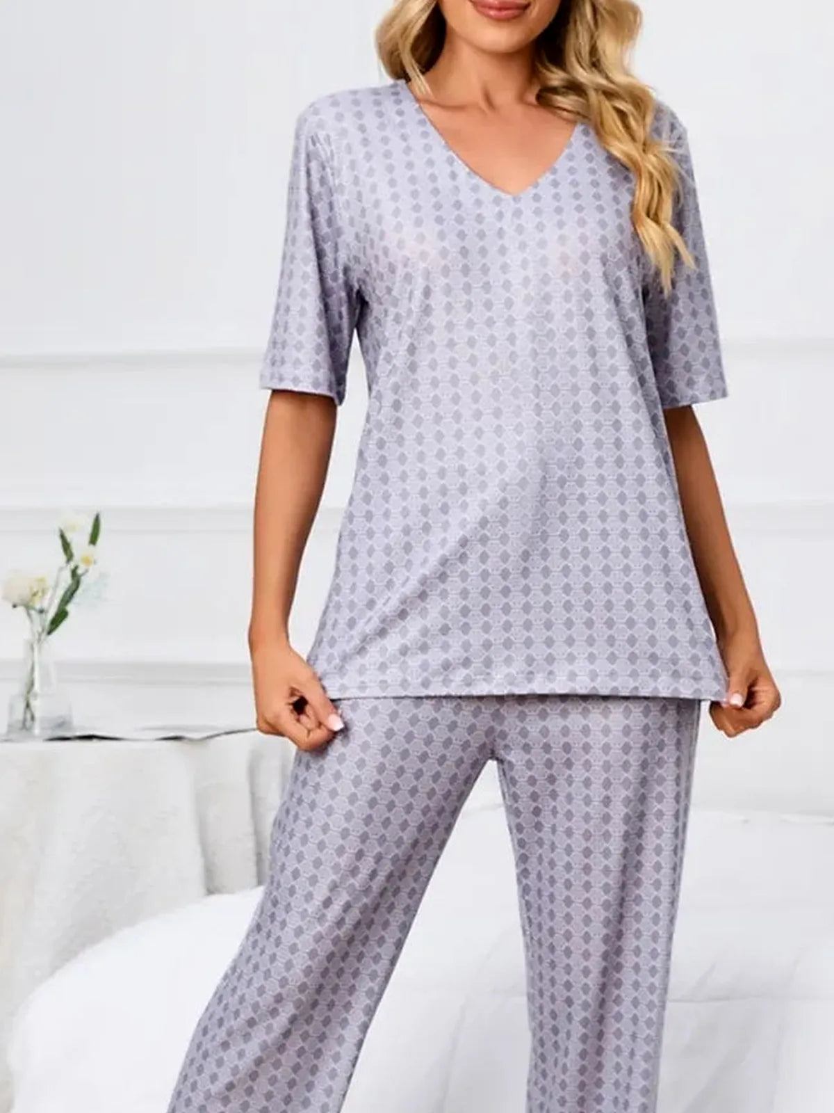 Printed V-Neck Top and Pants Lounge Set