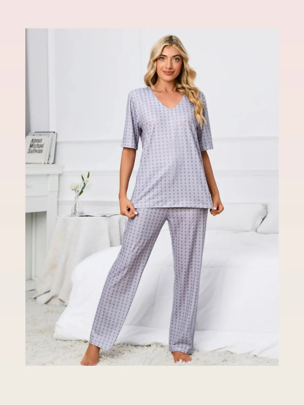 Printed V-Neck Top and Pants Lounge Set