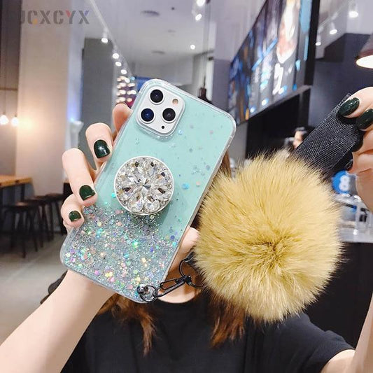 Funda de Brillantina para Teléfono con Soporte y Borla Rosa