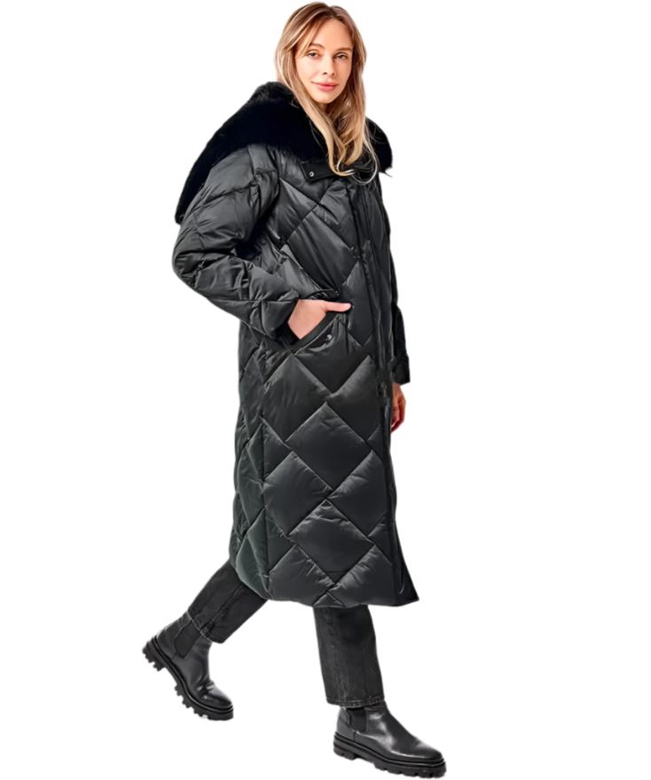 Abrigo de Invierno de Plumas con Cuello y Capucha de Piel Genuina de Zorro Polar