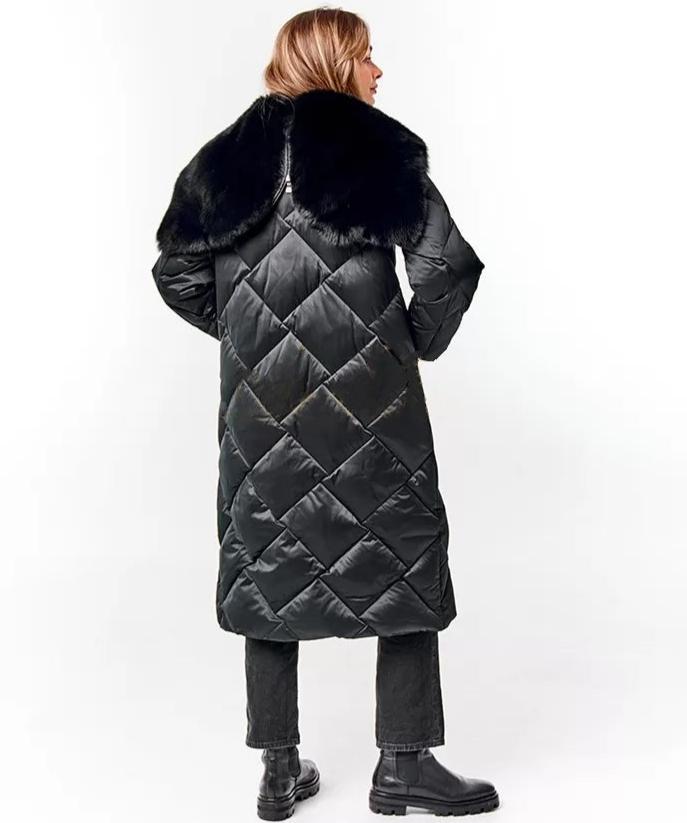 Abrigo de Invierno de Plumas con Cuello y Capucha de Piel Genuina de Zorro Polar