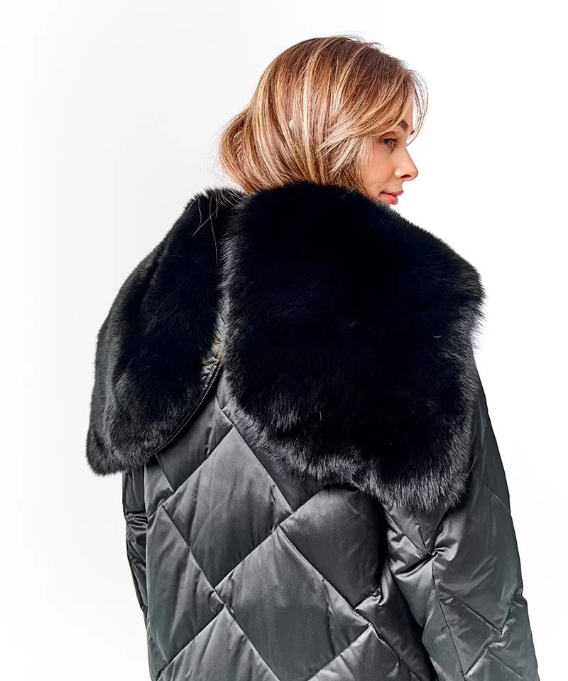 Abrigo de Invierno de Plumas con Cuello y Capucha de Piel Genuina de Zorro Polar