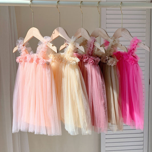 Vestido de verano sin mangas de malla con flores en 3D para bebés y niñas