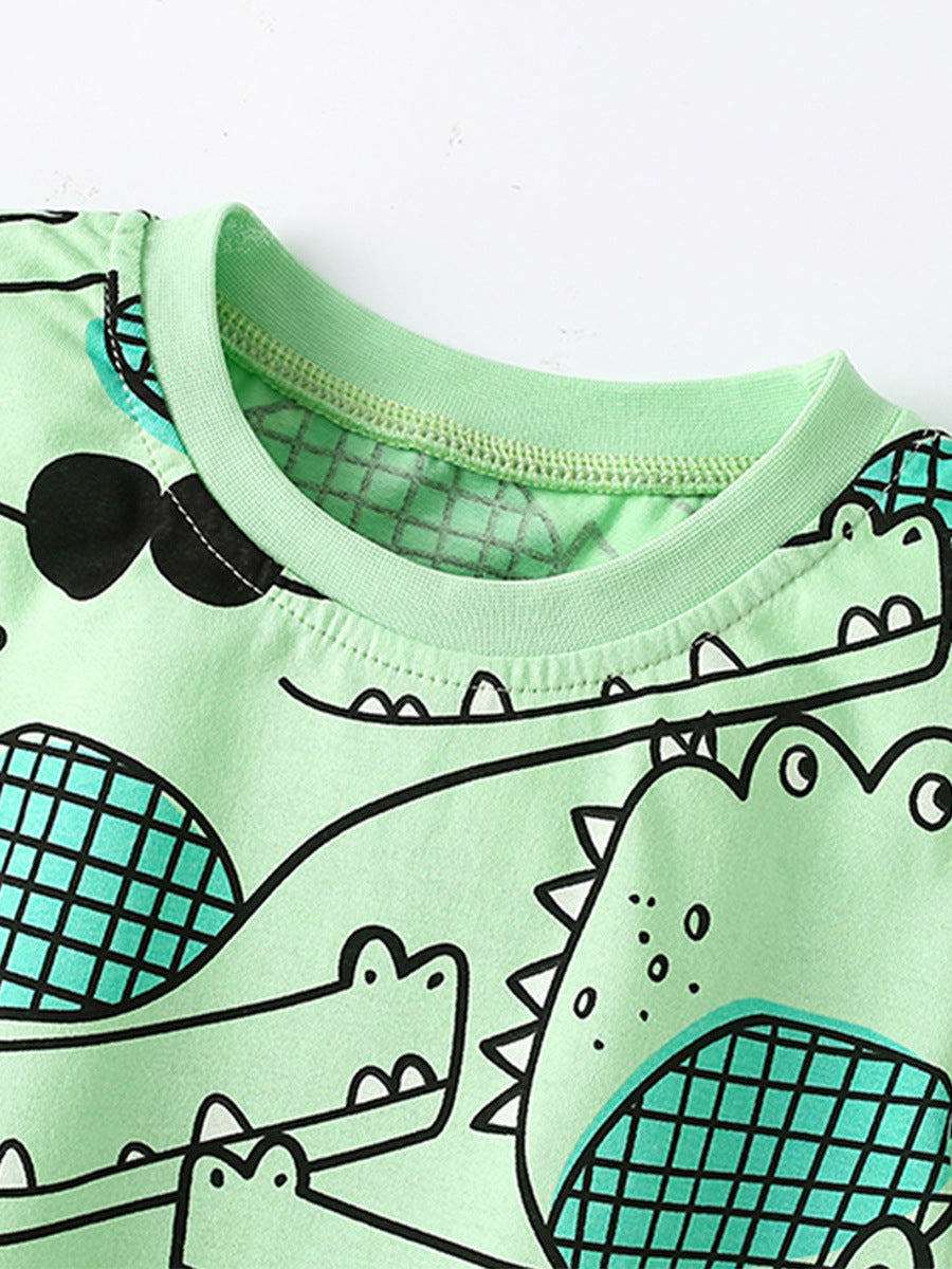 Conjunto de ropa casual de verano para bebés, niños y niñas, con estampado de dibujos animados de animales de cocodrilo, camiseta de manga corta y pantalones cortos