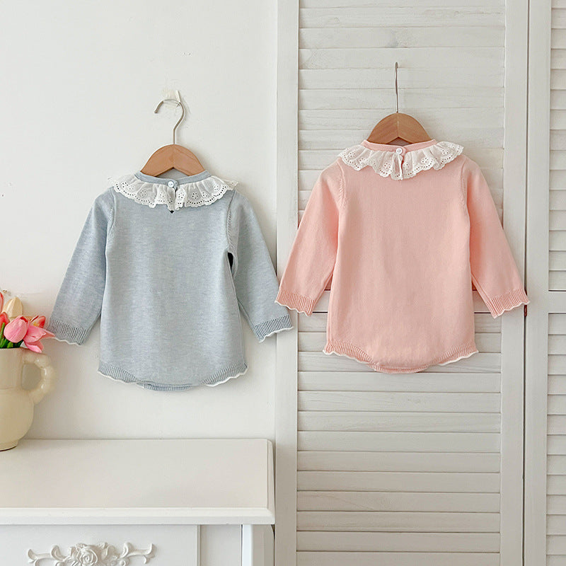 Mamelucos de manga larga con diseño otoñal para bebés, de niña, con rayas caladas y lindo cuello