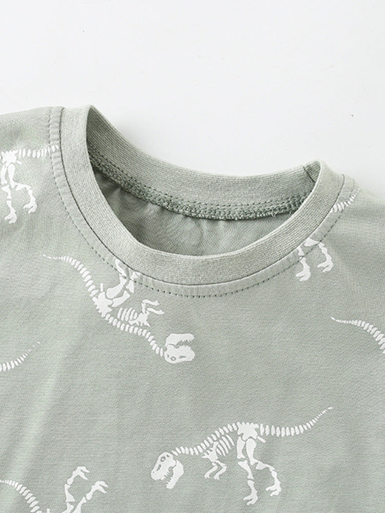 Camiseta de Manga Corta con Estampado de Dinosaurio Esquelético de Dibujos Animados para Niño, Estilo Europeo y Americano, para Verano
