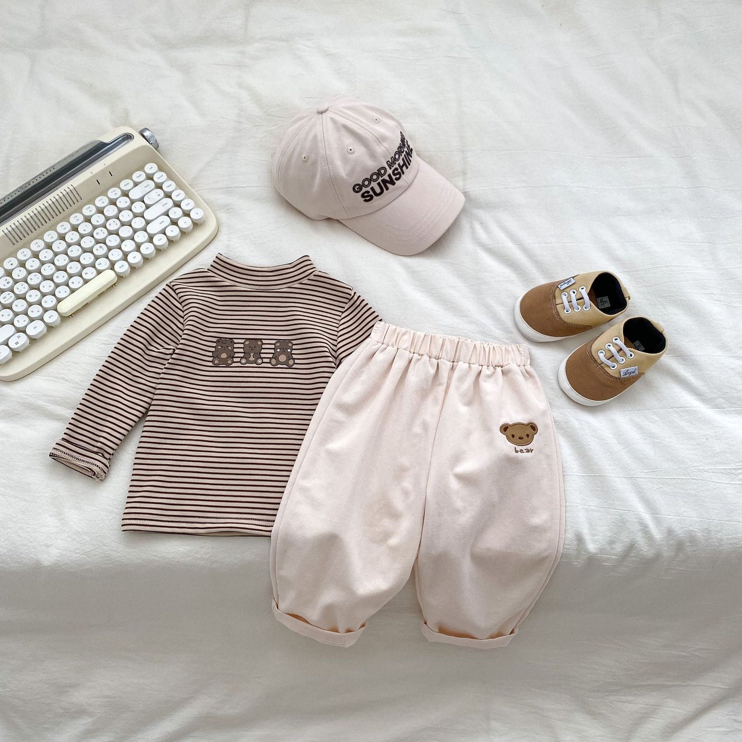 Llegada Otoño Bebés Niños Manga Larga Rayas Oso Teddy Camiseta y Pantalones Versátiles – Conjunto a Juego