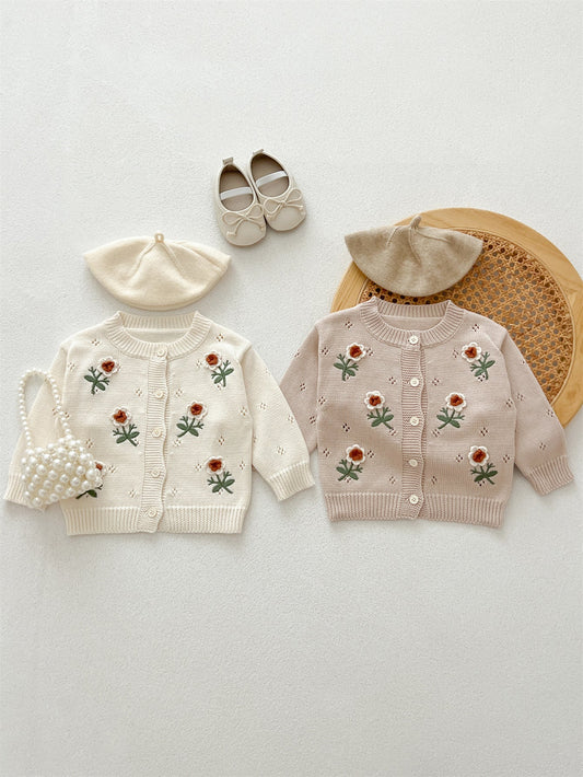 Baby Girls Comfortable Flowers Embroiedery Knitted Long Sleeves Cardigan