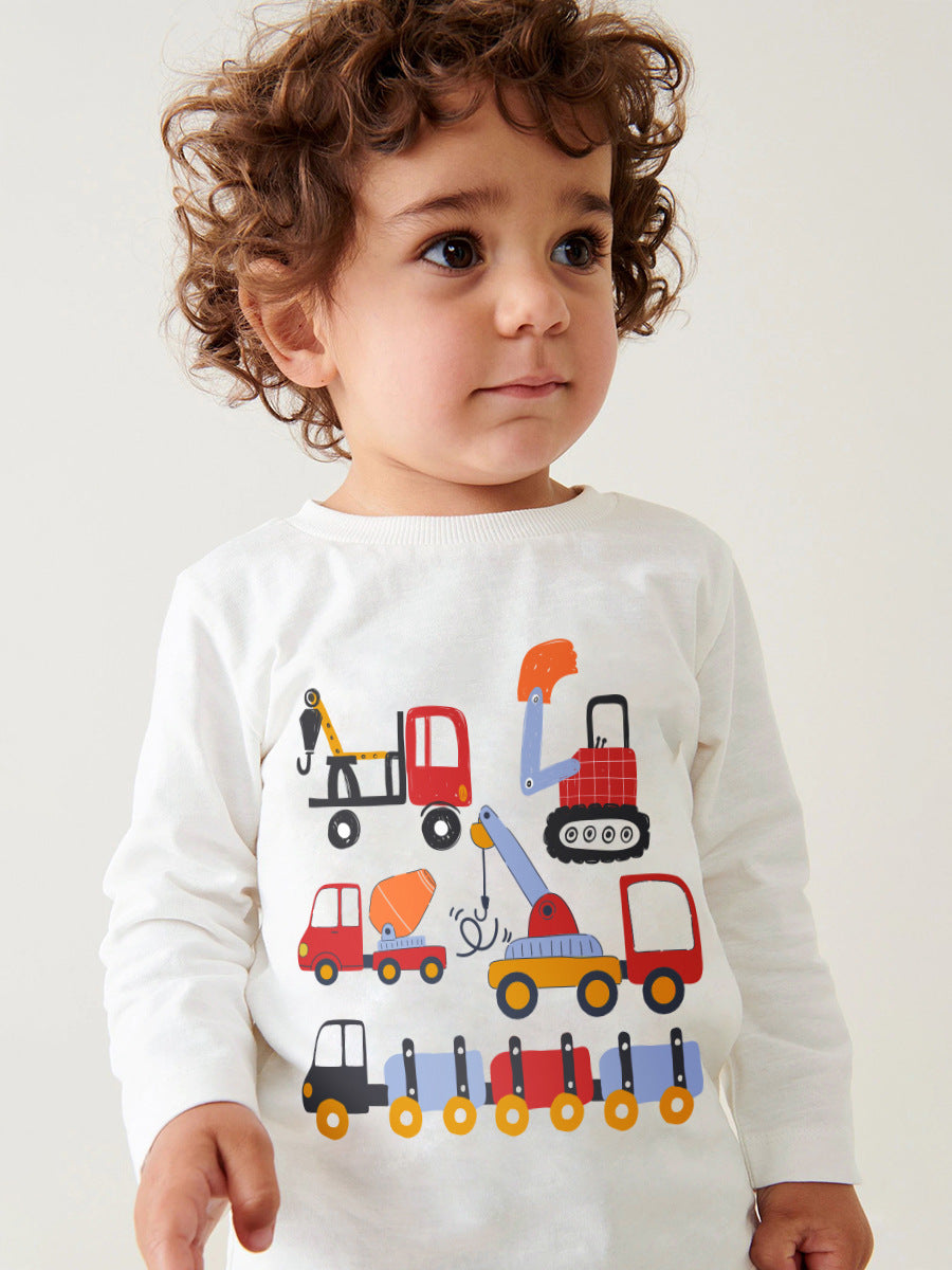 Conjunto de Ropa de Top de Manga Larga con Estampado de Vehículos de Dibujos Animados y Pantalones de Color Liso para Niños de Primavera y Otoño