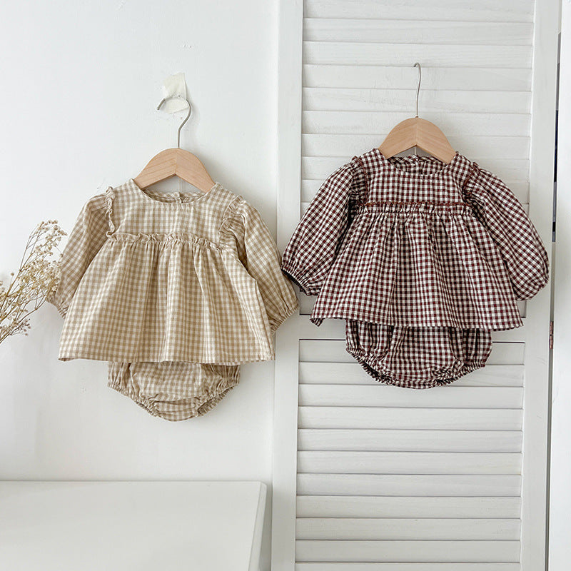 Conjunto de ropa para bebé niña, top de manga larga a cuadros y braguita, de venta en otoño