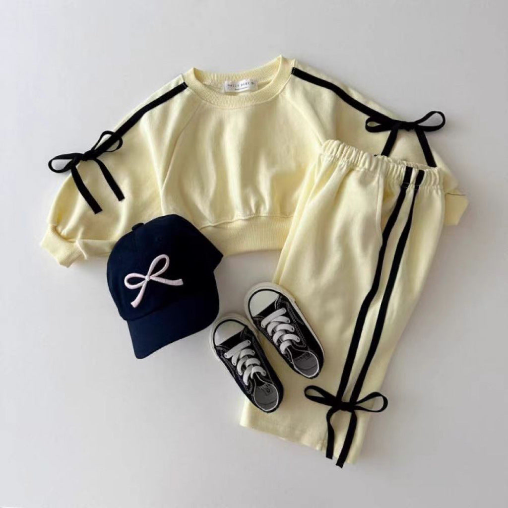 Conjunto de ropa de otoño para bebés y niñas, suéter y pantalones con lazos informales