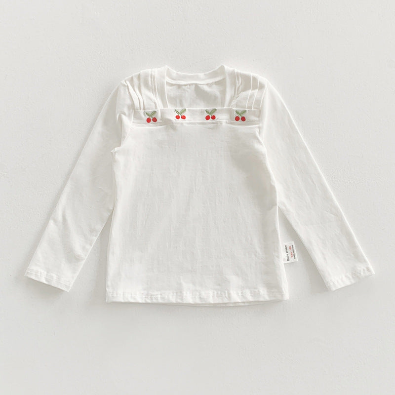 Diseño de otoño niñas Cuello cuadrado Mangas largas Blusa con patrón de bordado de cerezas