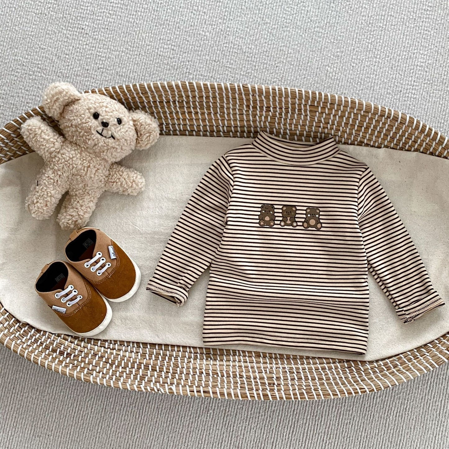Llegada Otoño Bebés Niños Manga Larga Rayas Oso Teddy Camiseta y Pantalones Versátiles – Conjunto a Juego