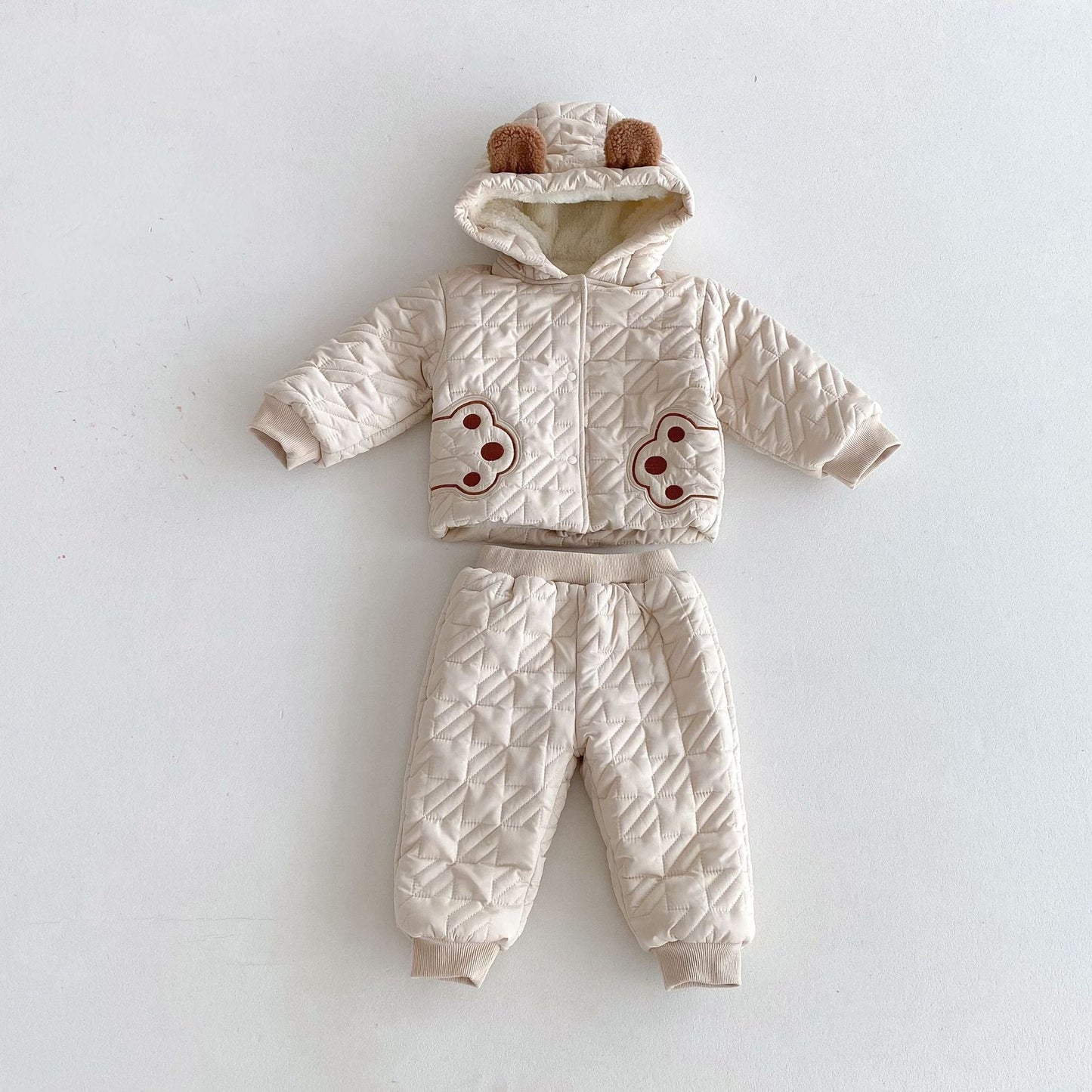 Conjuntos lindos de abrigo de manga larga con estampado de patas de osito para bebés y pantalones gruesos de invierno