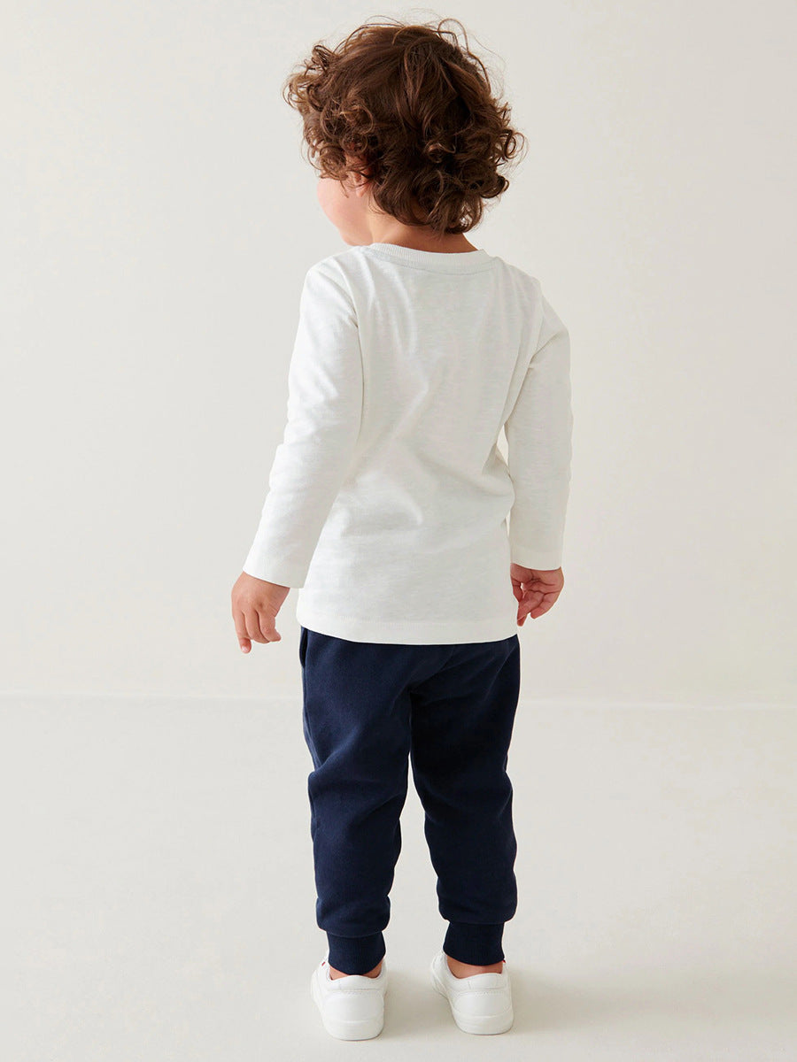 Conjunto de Ropa de Top de Manga Larga con Estampado de Vehículos de Dibujos Animados y Pantalones de Color Liso para Niños de Primavera y Otoño