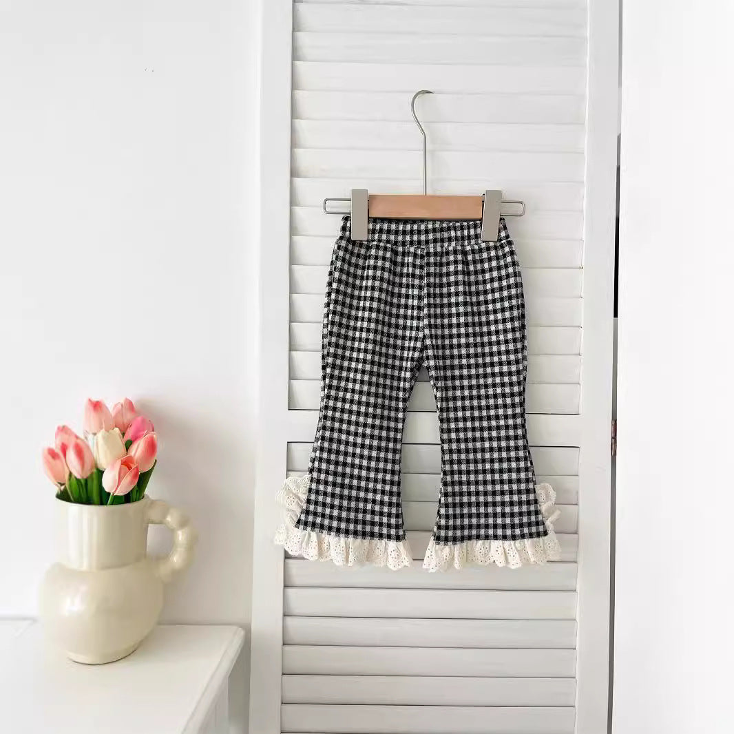 Pantalones de cuadros baratos para bebé y niña con ribete de encaje, de llegada para otoño
