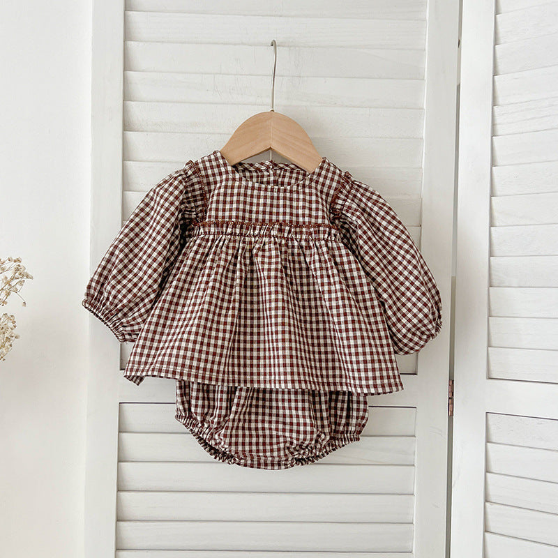 Conjunto de ropa para bebé niña, top de manga larga a cuadros y braguita, de venta en otoño
