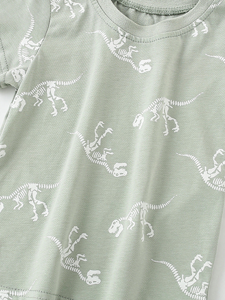 Camiseta de Manga Corta con Estampado de Dinosaurio Esquelético de Dibujos Animados para Niño, Estilo Europeo y Americano, para Verano