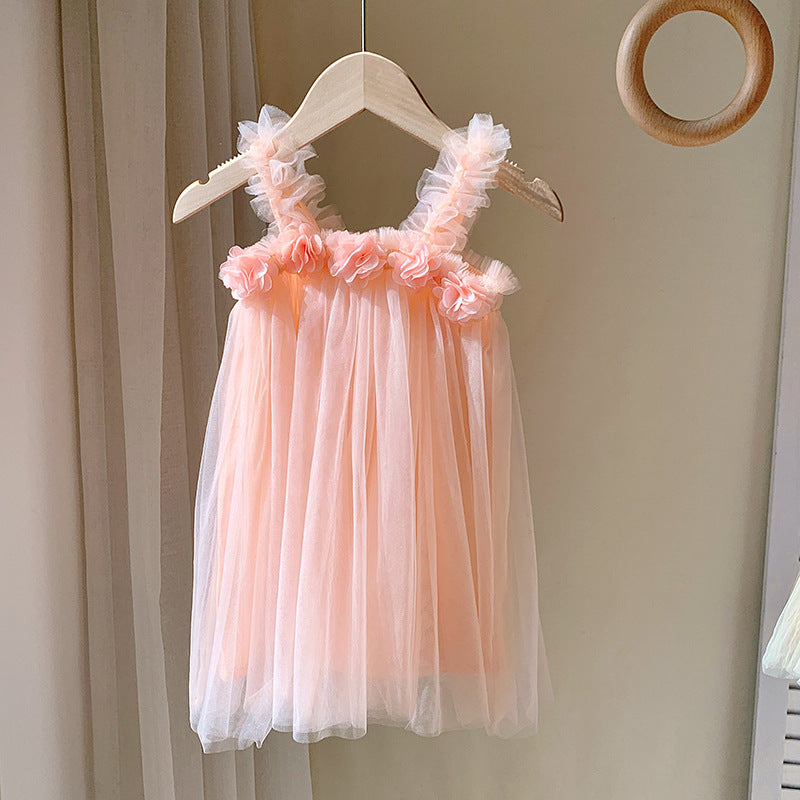 Vestido de verano sin mangas de malla con flores en 3D para bebés y niñas