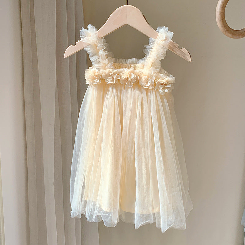 Vestido de verano sin mangas de malla con flores en 3D para bebés y niñas