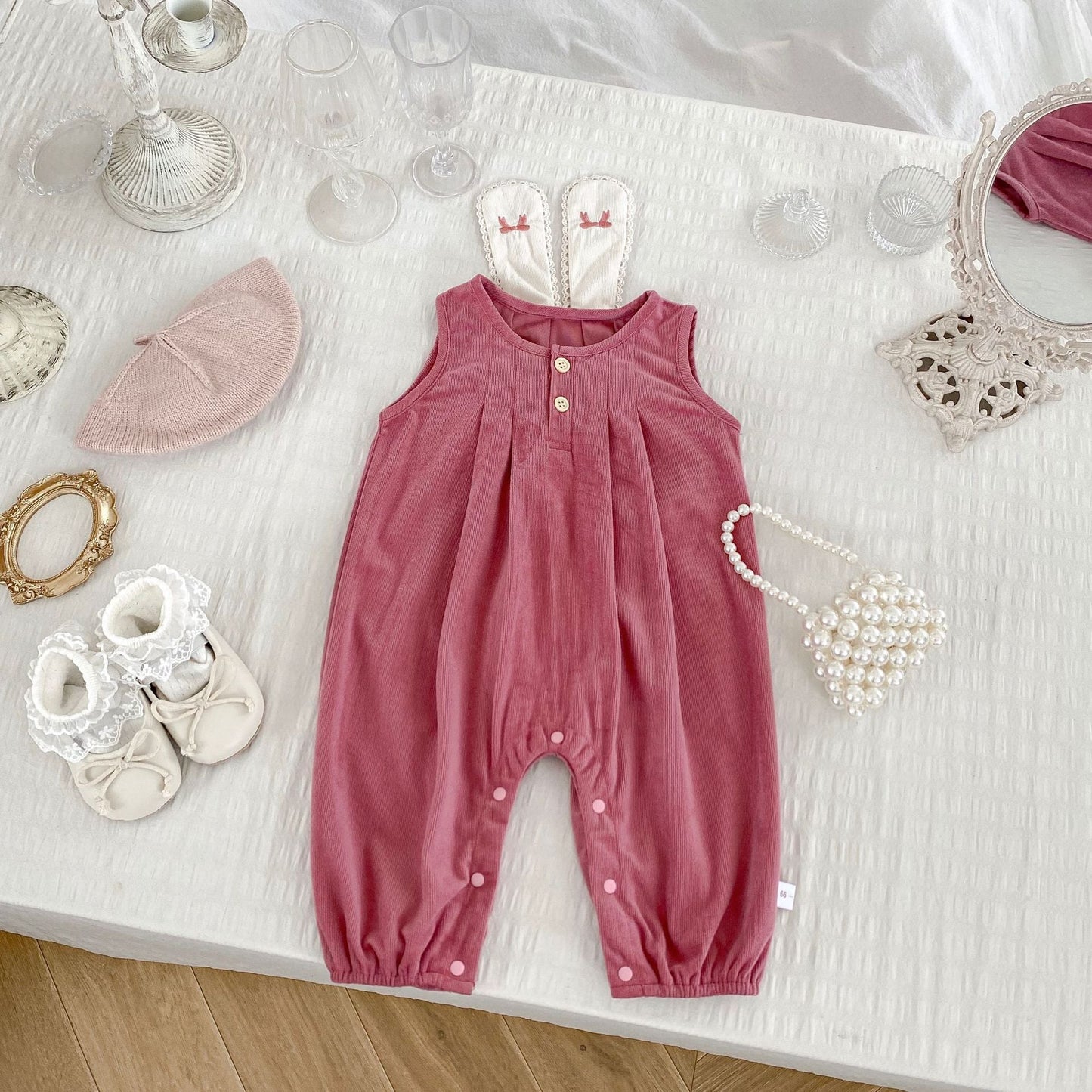 Llegada Otoño Bebés Niñas Manga Larga Color Liso Top Tejido y Peto Rosa – Conjunto de Ropa