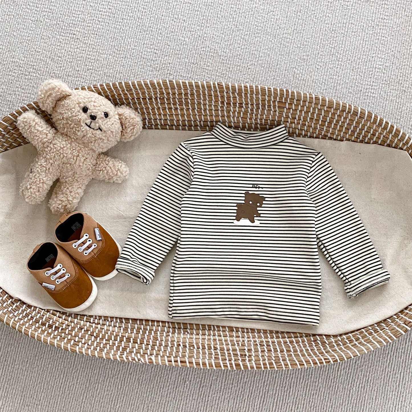 Llegada Otoño Bebés Niños Manga Larga Rayas Oso Teddy Camiseta y Pantalones Versátiles – Conjunto a Juego
