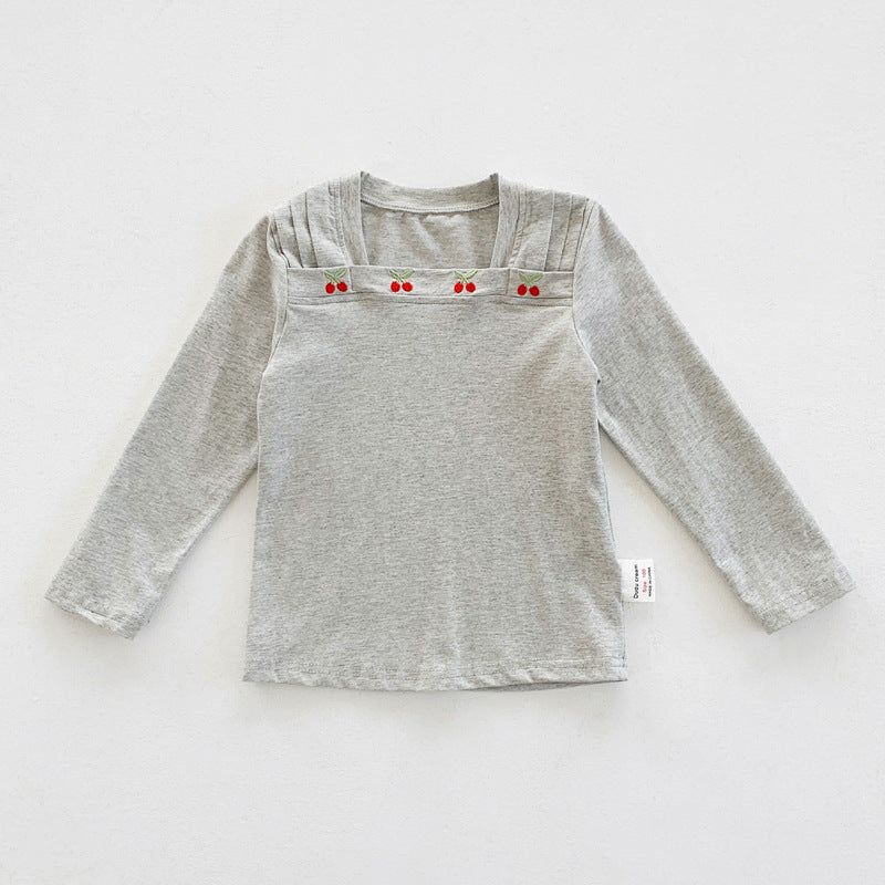 Diseño de otoño niñas Cuello cuadrado Mangas largas Blusa con patrón de bordado de cerezas