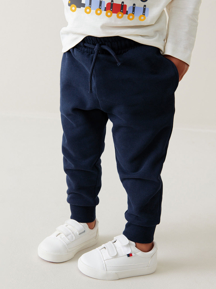 Conjunto de Ropa de Top de Manga Larga con Estampado de Vehículos de Dibujos Animados y Pantalones de Color Liso para Niños de Primavera y Otoño