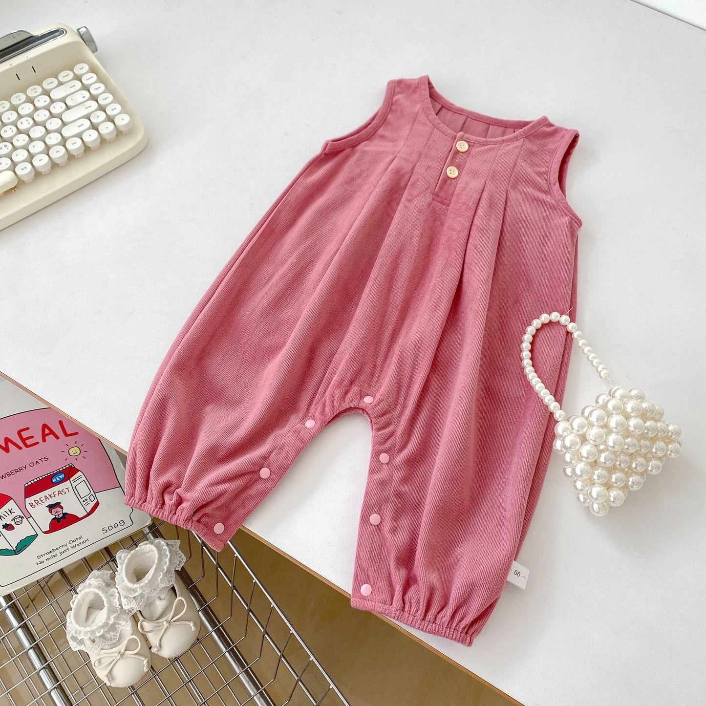 Llegada Otoño Bebés Niñas Manga Larga Color Liso Top Tejido y Peto Rosa – Conjunto de Ropa