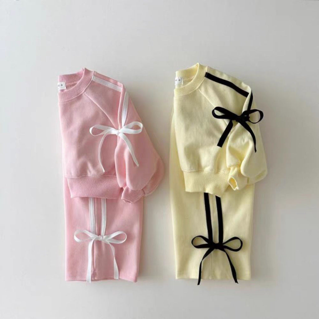 Conjunto de ropa de otoño para bebés y niñas, suéter y pantalones con lazos informales