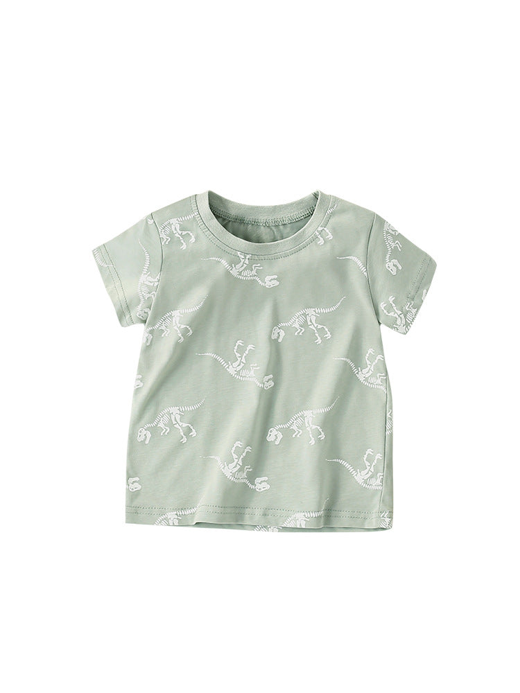Camiseta de Manga Corta con Estampado de Dinosaurio Esquelético de Dibujos Animados para Niño, Estilo Europeo y Americano, para Verano