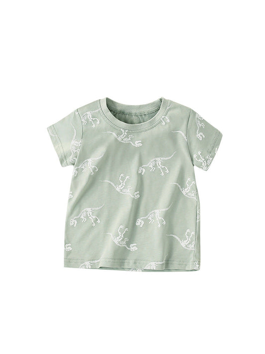 Camiseta de Manga Corta con Estampado de Dinosaurio Esquelético de Dibujos Animados para Niño, Estilo Europeo y Americano, para Verano