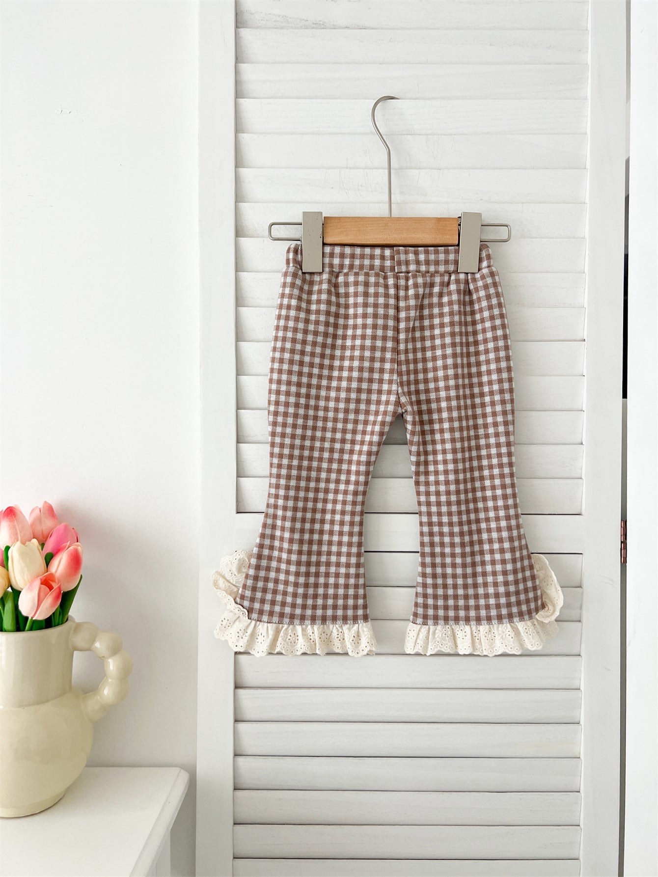 Pantalones de cuadros baratos para bebé y niña con ribete de encaje, de llegada para otoño